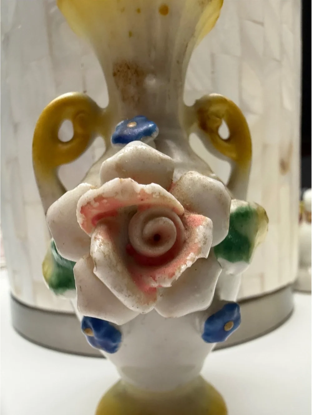 Vintage Occupied Japan Mini Vase Applied Flowers Double Handle 4”